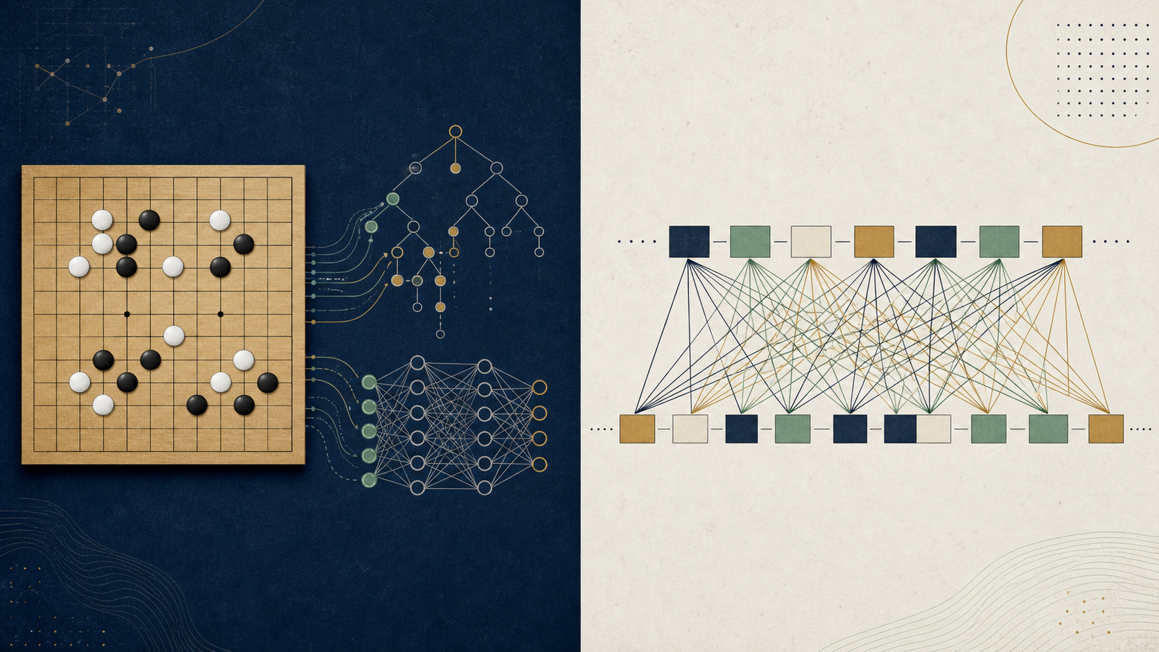 Editorial diptych showing AlphaGo's combined methods and Transformer's attention relationships
