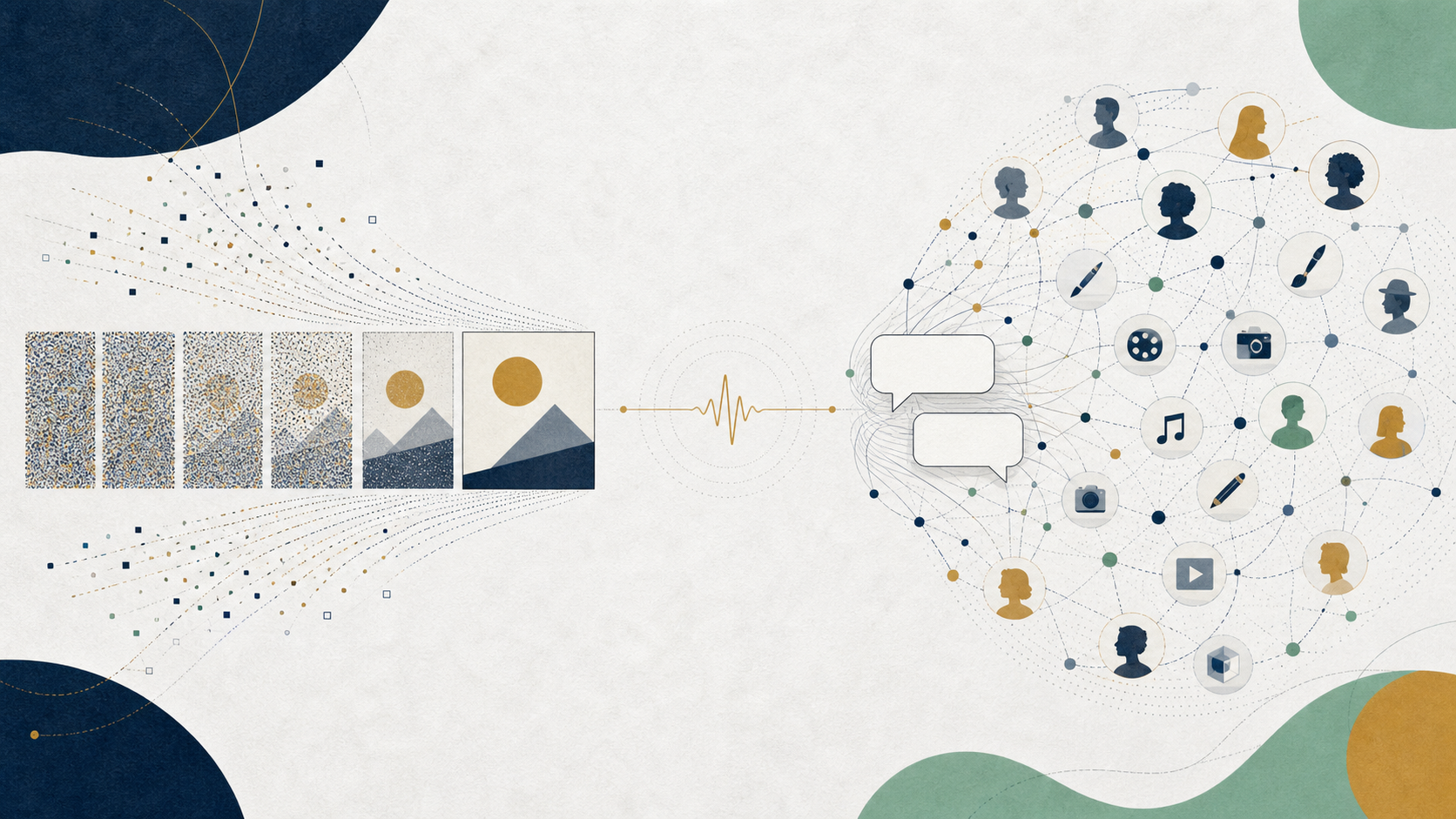Editorial illustration of diffusion image generation and conversational AI spreading to mass users